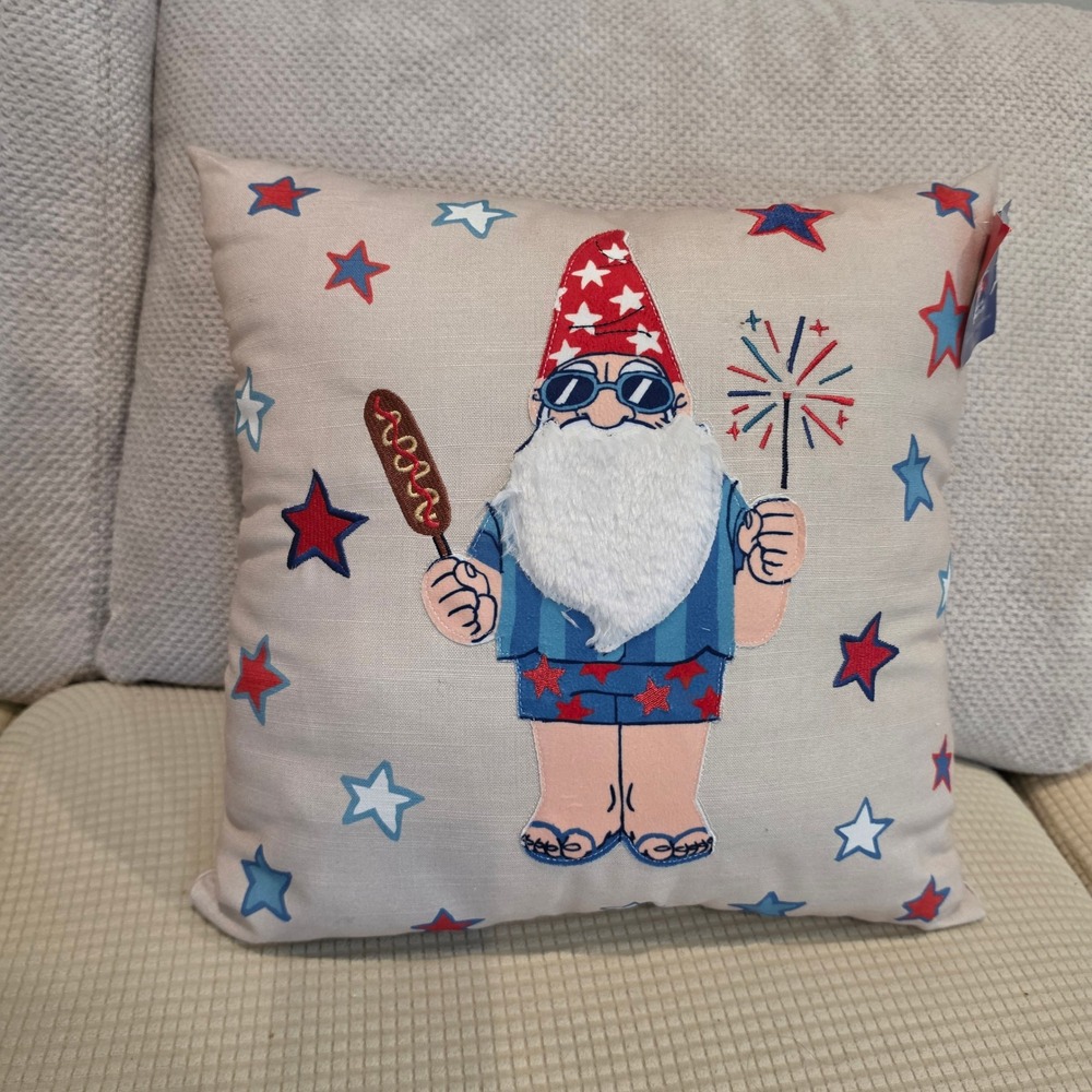 Celebrate Together Americana Throw Pillow Beige Red Blue Gnome Stars 15x15